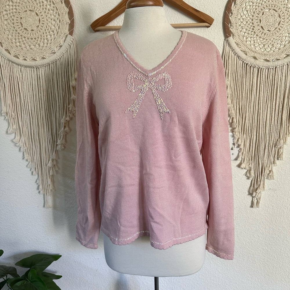 Alfred Dunner pink beaded bow detail wool blend sweater medium